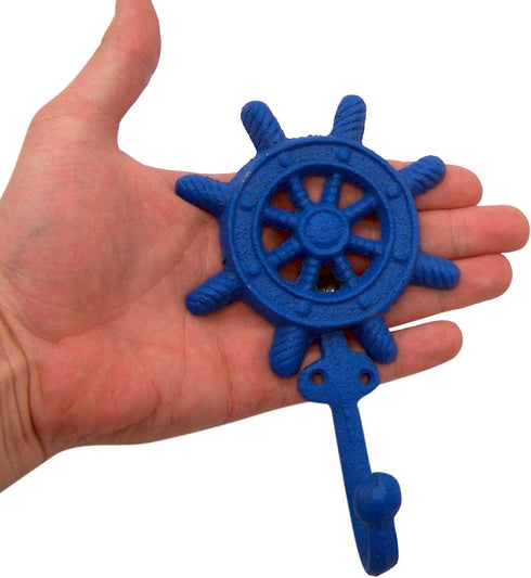 Wowser Rustic Brown, Red and Blue Cast Iron Ship Wheel Wall Hooks, Set of 4, 6 1/2 Inch