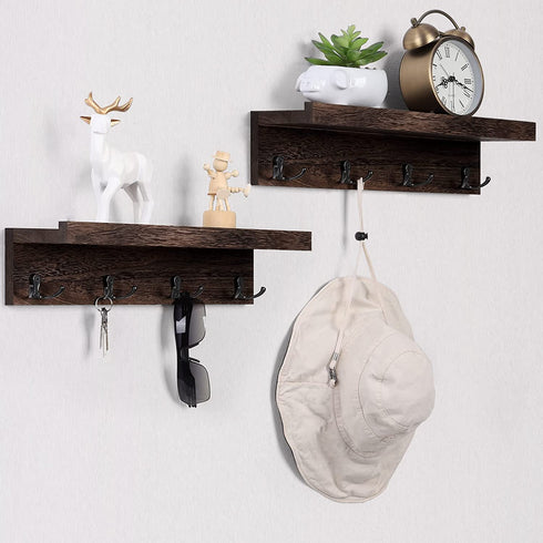 Coat Rack Wall Mount with Shelf Coat Racks with Hooks Bathroom Shelf with Hooks Entryway Coat Rack Organizer for Hanging Hat Keys Set of 2, Expresso