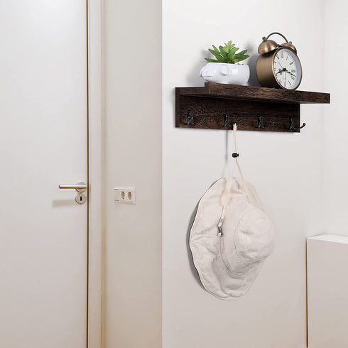 Coat Rack Wall Mount with Shelf Coat Racks with Hooks Bathroom Shelf with Hooks Entryway Coat Rack Organizer for Hanging Hat Keys Set of 2, Expresso