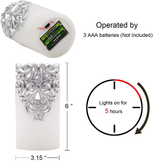 DRomance Hollow Silver Flameless Flickering Candles with 5H Timer, Battery Operated LED Pillar Candles Unscented Wax Warm Light Christmas Home Decoration(Set of 2, 3 x 6 Inches)