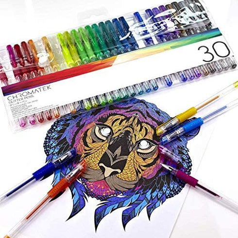 Glitter Pens 60 Set by Chromatek. Best Colors. 200% the Ink: 30 Gel Pens, 30 Refills. Super Glittery Ultra Vivid Colors. No Repeats. Professional Art Pens. New & Improved.