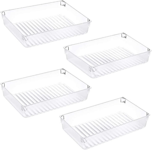 Kootek 4 Pack Large Size Desk Drawer Organizer Tray Rectangle Plastic Bathroom Organizers Kitchen Utensils Silverware Gadgets Trays Dividers Bins for Dresser Cosmetic Makeup Tools Office Cabinets