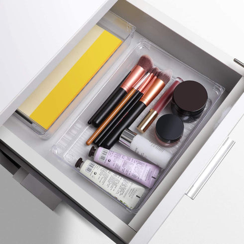 Kootek 4 Pack Large Size Desk Drawer Organizer Tray Rectangle Plastic Bathroom Organizers Kitchen Utensils Silverware Gadgets Trays Dividers Bins for Dresser Cosmetic Makeup Tools Office Cabinets