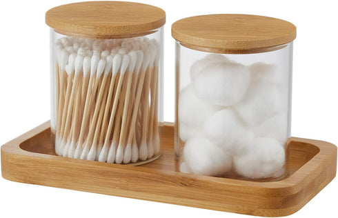 YININE Bamboo Vanity Tray, Bathroom Tray Organizer Glass Qtip Holder Dispenser Apothecary Jars for Cotton Swabs Balls Round Pad Perfume Candles Cosmetics Jewelry Makeup
