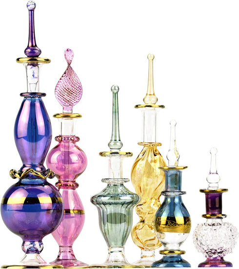 NileCart Egyptian Perfume Bottles 2-5 in Collection Set of 6 Mouth-Blown Decorative Pyrex Glass with Handmade Golden Egyptian Decoration for Perfumes & Essential Oils