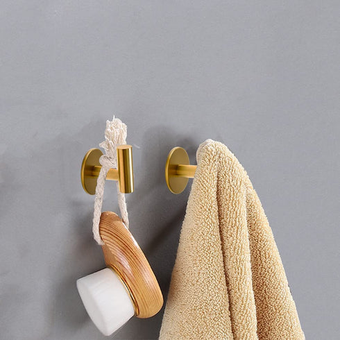 Vuzvuv Adhesive Hooks Brushed Gold SUS304 Stainless Steel Towel Hooks Heavy Duty Waterproof Wall Hooks Self Adhesive Coat Robe Towel Hooks for Bathrooms Kitchen Hotel Wall Mounted Hooks - 2 Pack