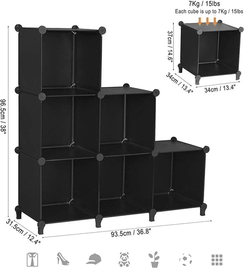 ANWBROAD Cube Storage Organizer 6-Cube Closet Organizers and Storage DIY Modular Plastic Closet Cabinet Book Shelf Cubes Organizer Storage Shelving for Home Bedroom Office Living Room Black ULCS006B