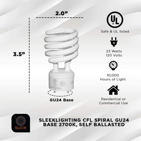 SLEEKLIGHTING - GU24 23Watt 2700K 1600lm 2 Prong Light Bulbs- UL approved-120v 60Hz - Mini Twist Lock Spiral -Self Ballasted CFL Fluorescent Bulbs- 1600lm Warm White 4 Pack (100 Watt Equ)
