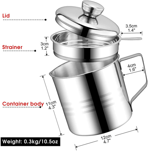Chihee Oil Strainer Pot Grease Can, 1.2 L Stainless Steel Oil Storage Can Container with Fine Mesh Strainer, Suitable for Storing Frying Oil and Cooking Grease