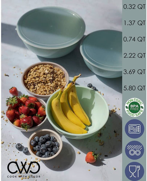 COOK WITH COLOR Mixing Bowls with Lids - 12 Piece Plastic Nesting Bowls Set includes 6 Prep Bowls and 6 Lids, Microwave Safe Mixing Bowl Set (Mint Ombre)
