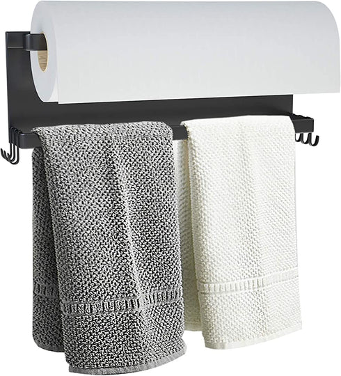 Magnetic Paper Towel Holder for Refrigerator with 6 Hooks, Kitchen Towel Rack with Strong Magnet, Magnetic Shelf Multi Function Made of Iron,Used for Kitchen, Drill Free (Black, with 6 Hooks)