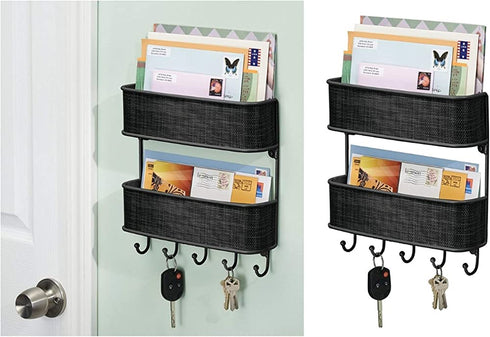 iDesign Twillo Steel Wall Mount 2-Tier Mail and Key Rack - 10.5" x 2.5" x 10.5", Matte Black