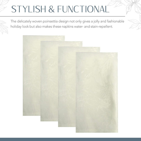 Elrene Home Fashions Poinsettia Elegance Jacquard Holiday Napkins (Set of 4), 17" x 17", Ivory 4 Count