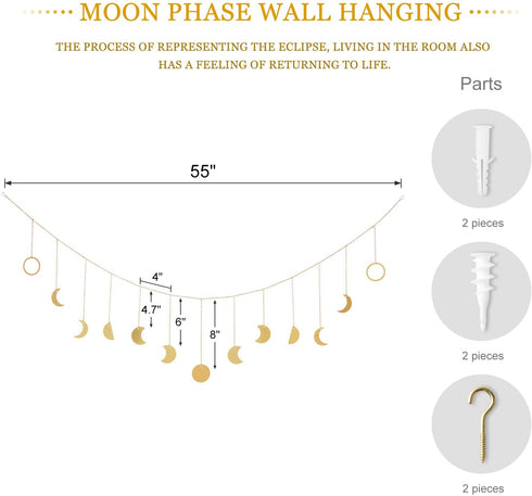 Mkono Moon Phase Wall Hanging Boho Garland Decor Home Decoration Moon Hang Art Ornaments for Bedroom Headboard Living Room Dorm Nursery Apartment Office Birthday Gift, Gold, 55"