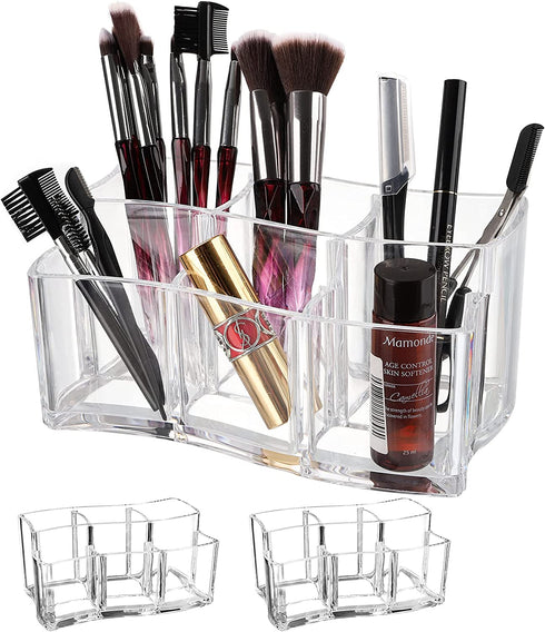 Yarlung 2 Pack Acrylic Makeup Brushes Holder, 6 Slots Clear Cosmetic Organizer Eyebrow Pencils Holder Multi-Purpose Desk Sundry Case for Lipsticks, Liners, Bathroom Vanity, Dresser, Curved Edge