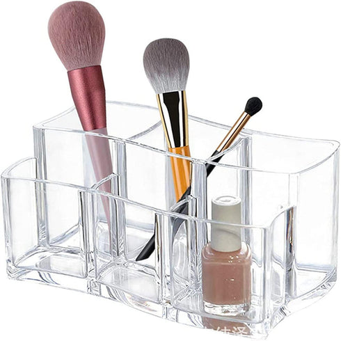 Yarlung 2 Pack Acrylic Makeup Brushes Holder, 6 Slots Clear Cosmetic Organizer Eyebrow Pencils Holder Multi-Purpose Desk Sundry Case for Lipsticks, Liners, Bathroom Vanity, Dresser, Curved Edge