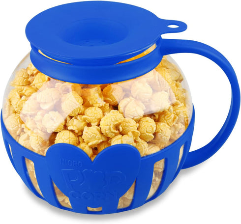 Tahoe Trail Christmas Gifts Borosilicate Glass Microwave Popcorn Popper Maker with Lid, BPA Free Hot Air Microwave Popcorn Maker Bowl, Use In Microwave or Oven, Dishwasher Safe, 3 Quart Family Size (Blue)