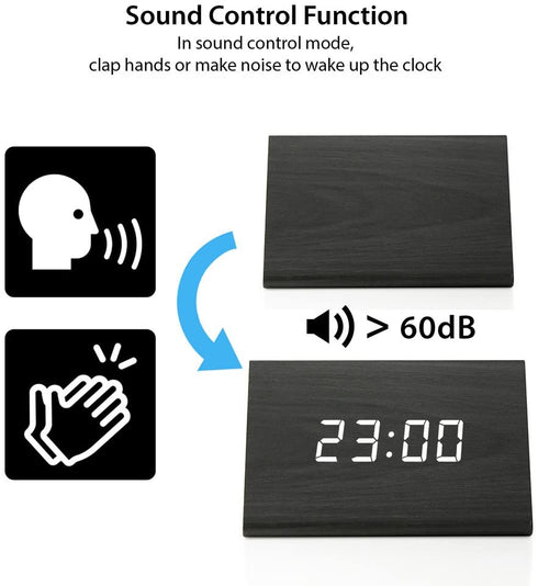 OCT17 Wooden Wood Clock , 2021 New Version LED Alarm Digital Desk Clock Adjustable Brightness, Alarm Time, Displays Time Date Temperature - Black