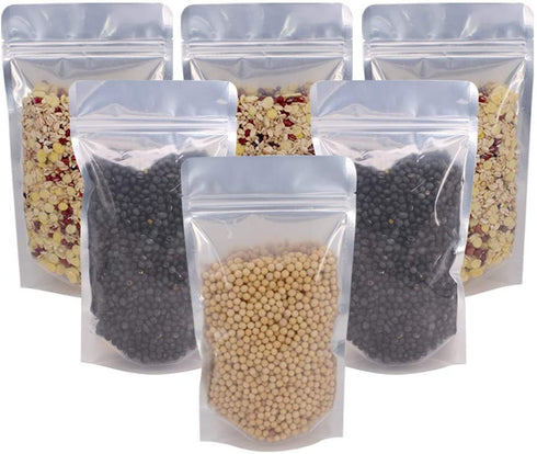 Belinlen 100 Pack 5.5 x 10 Inch Stand Up Pouch Bags Zipper Mylar Bags Clear Front with Aluminum Foil Back Reusable Food Storage Bags for Multipurpose with Gusset Bottom(5.5mil Thickness)