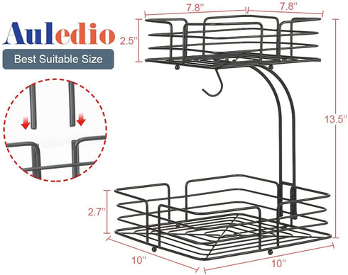 Auledio 2-Tier Square Countertop Fruit Vegetables Basket Bowl Storage With Banana Hanger, Black