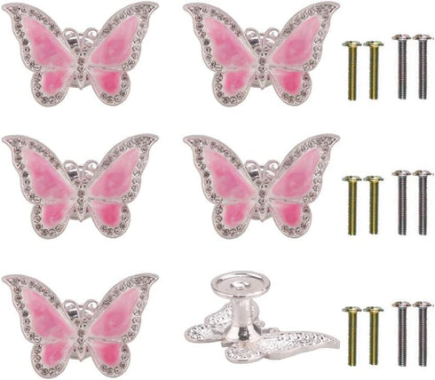 Run 6 Pieces Butterfly Knobs Metal Decorative Cabinet Drawer Cupboard Furniture Door Single Hole Pulls Handles (Pink)