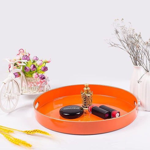 MAONAME 13" Round Tray, Orange Serving Tray with Handles, Modern Decorative Tray for Coffee Table, Plastic Ottoman Tray for Ottoman, Bathroom, Decor
