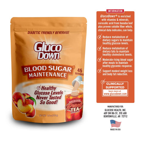 GLUCODOWN, Maintain Healthy Blood Sugar, Delicious Peach Tea Mix, Diabetic Friendly, 45 Servings, 1 Resealable Package.