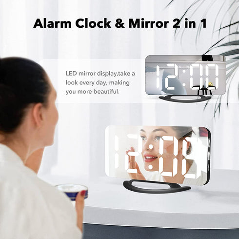 Digital Alarm Clock, 6.5" LED Mirror Electronic Clocks,with 2 USB Charger,Snooze Model, 3 Adjustable Brightness?Outlet Powered Compact Clock for Bedrooms, Bedside, Desk, Shelf(Black-White)