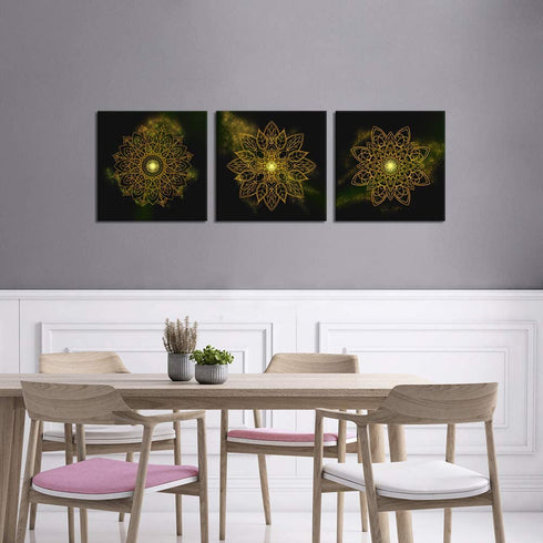 LoveHouse Gold Boho Picture Wall Art Framed Mandala Bohemian Flower Painting Prints on Canvas Artwork Gallery Wrapped for Bathroom Yoga Spa Home Decoration Ready to Hang 12x12inchx3pcs