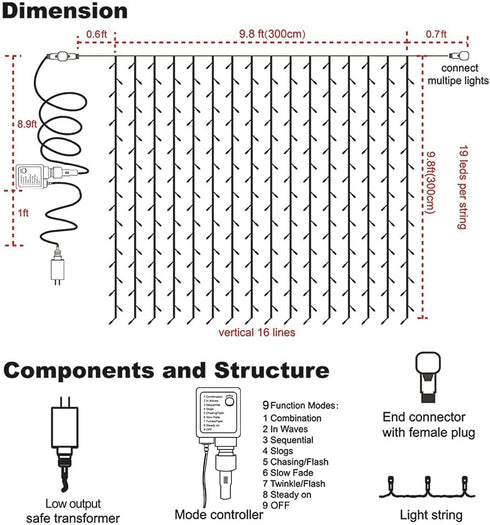 MAGGIFT 304 LED Curtain String Lights, 9.8 x 9.8 ft, 8 Modes Plug in Fairy String Light with Remote Control, Christmas, Backdrop for Indoor Outdoor Bedroom Window Wedding Party Decoration, Warm White