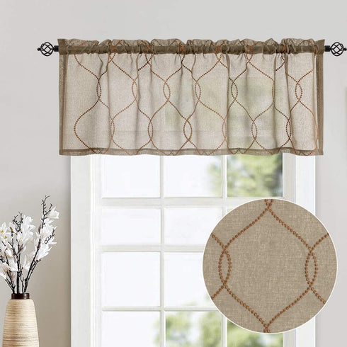 Vangao Kitchen Curtains and Valances Set Kitchen Curtains 3 Piece Set 36 Inch Length Embroidered Moroccan Trellis Pattern Light Diffusing Sheer Kitchen Curtains Valances for Kitchen Bathroom Brown