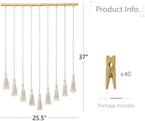 Mkono Hanging Photo Display Macrame Wall Hanging Pictures Cards Holder Boho Home Decor Chic Ornament Gift for Apartment Bedroom Living Room Gallery, with 40 Wood Clips, 37" L x 25.5''W