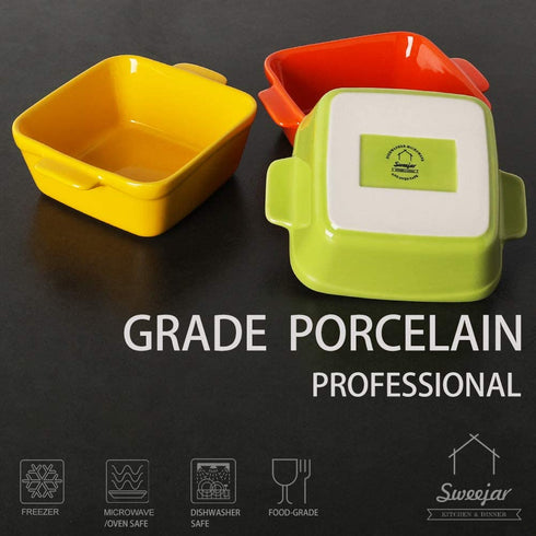 SWEEJAR Ceramic Souffle Dishes,Square Double Handle-Ramekins-Baking, 10 OZ for Creme Brulee, Custard,Dipping - Set of 6 (Multi)