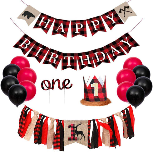 PRATYUS Lumberjack First Birthday Party Decoration, Buffalo Plaid Camping Wild Bear 1st Party Supplies With Birthday Banner and Garland,Baby Crown Hat and Cake Topper for Baby Girl Boy Photo Booth Props