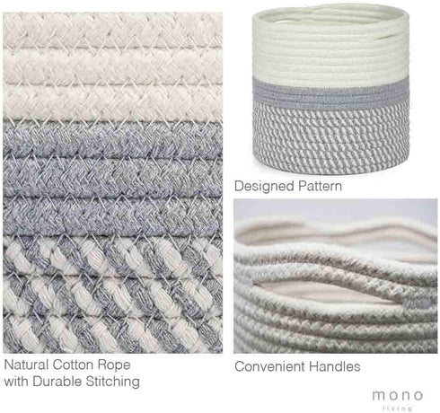 7 Inch Small Plant Basket, Mono Living, Rope Plant Basket Woven Basket for Plant Flower Pot Indoor Planter Boho Decor Small Cotton Rope Basket Grey and White