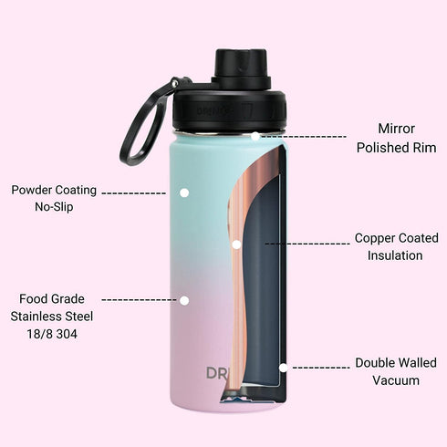 DRINCO Stainless Steel Water Bottle Spout Lid Vacuum Insulated Double Wall Water Bottle Wide Mouth (40oz 32oz 22oz 18oz 14oz) Leak Proof Keeps Cold or Hot (18 oz, 18oz Macaron)
