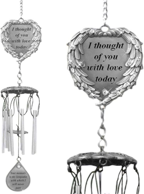 BANBERRY DESIGNS Memorial Windchimes - I Thought of You with Love Today Poem Engraved on This Wind Chime - Angel Wings Wrapped Around a Heart and Teardrop Charm - in Loving Memory Chimes