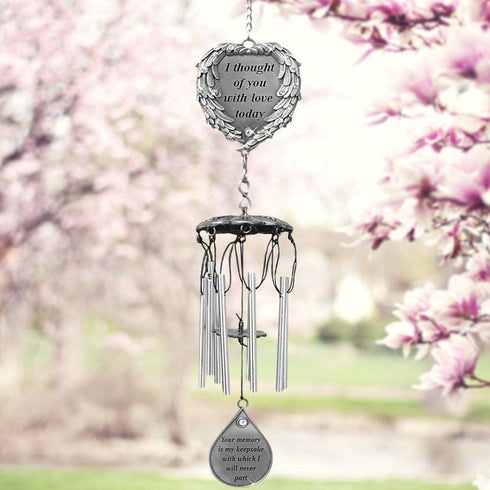 BANBERRY DESIGNS Memorial Windchimes - I Thought of You with Love Today Poem Engraved on This Wind Chime - Angel Wings Wrapped Around a Heart and Teardrop Charm - in Loving Memory Chimes