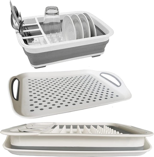 Collapsible Dish Drying Rack with Drain Board Set Portable Dish Drainer Foldable Drying Dish Storage Rack Silverware Organizer