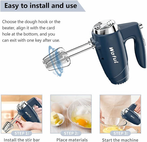 5-Speed 200W Electric Hand Mixer,with Eject Button,4 Stainless Steel Attachments(Beaters and Dough Hooks),for Whipping Cake, Cream,Dough,Cookies,Blue