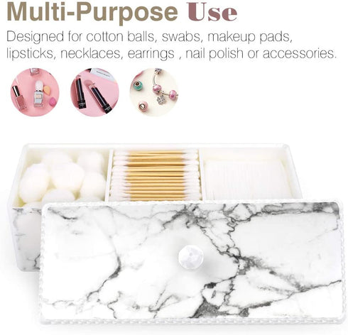 Luxspire Cotton Swab Holder with Lid, Marble Pattern Cotton Ball Holder Dispenser, Barthroom Canister Storage Jar for Cotton Pads Bud Q-tip, Vanity Cosmetics Countertop Organizer with 3 Compartments
