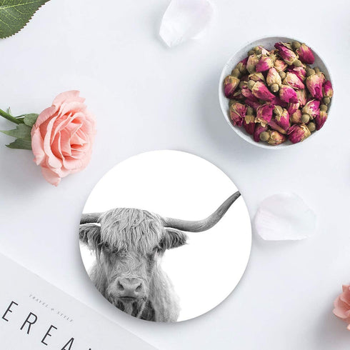 Coasters for Drinks Absorbent Coaster 6 Piece Set Grey Animal Highland Cow Pattern Funny Ceramic Cup Coaster for Cold Drinks Wine Glasses, Birthday Housewarming Gift