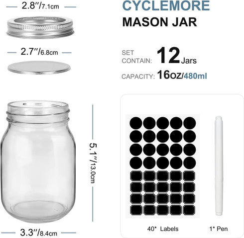 CycleMore 12 Pcs 16oz 480ml Clear Glass Jars With Silver Separable Lids, Mason Jars Round Canning Jars Spice Jars for Honey, Jam, Herb, Wedding Favor, Kitchen Storage
