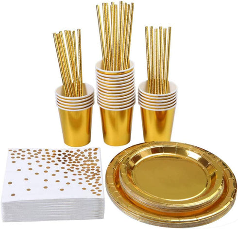 125 Pieces Gold Party Supplies Set Salad/Dessert Dinner Plates Cups Napkins Straws, Napkins, Cups, and Straws for 25 Guests, Bachelorette Party Supplies, Rose Gold And Gold 7inch+9inch Gold