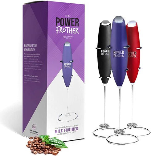Milk Frother - Purple Power Frother by Omega PowerCreamer - Ultra Durable Electric Handheld - Battery Operated for Coffee, Protein Powder, Collagen, Pre-Workout - Quiet & High Powered - Stand Included