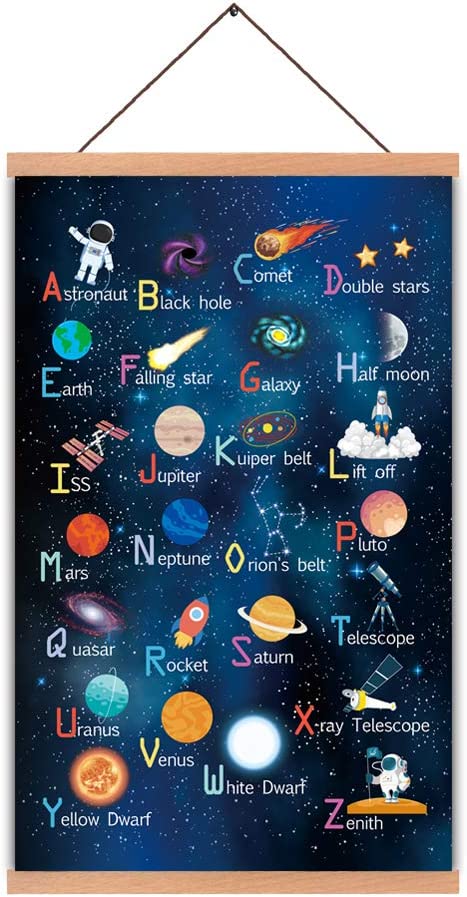 KAIRNE Outer Space Room Decor With Wood Magnetic Poster Hanger Framed ABC Alphabet Space Posters(28X45CM) Space Galaxy Themed Pictures For Boys Room Kids Space Room Nursery Classroom Decor