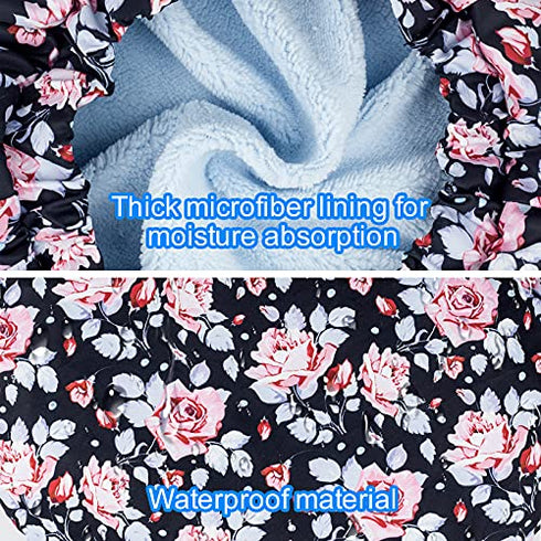 Luxury Shower Cap for Women, Waterproof Reusable Shower Caps Double Layers Microfiber Terry Lined with Dry Hair Function, Large for Long Hair, Adjustable