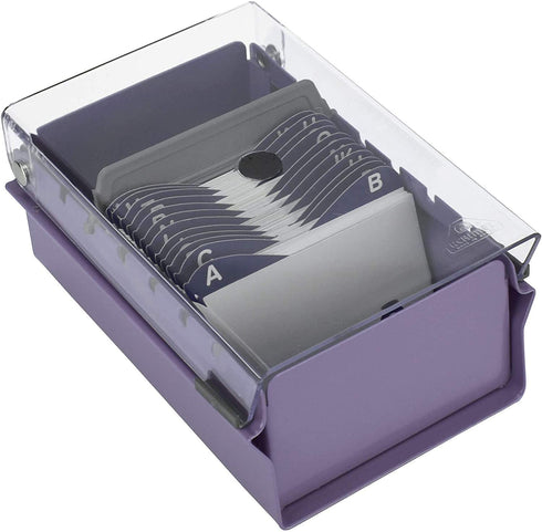 Acrimet Index Business Card Size File Holder Organizer Metal Base Heavy Duty (AZ Index Cards and Divider Included) (Purple Color with Clear Crystal Plastic Lid Cover)