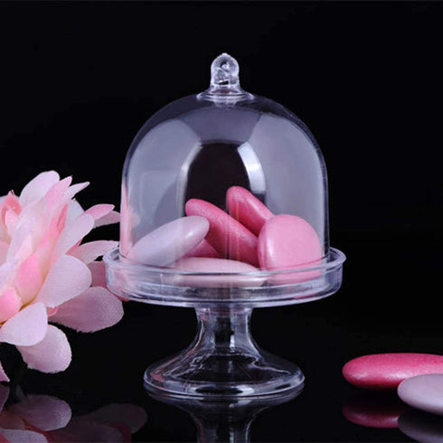 BESTONZON 12pcs Mini Candy Box Plastic Mini Cake Stand Chocolate Cupcake Candy Display Plate with Lid Birthday For Wedding Party Supplies, 3.15x2.16x2.16in (Tranparent)