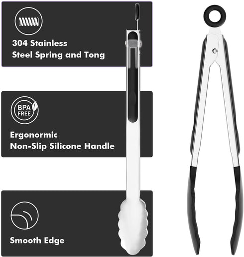 ChefAide 9/12 inches Cooking Tongs, 18/8 Stainless Steel with 600ºF High Heat-Resistant , Set of 2 Premium Silicone Rubber Grips Kitchen Locking Tong for Grill,Salad,BBQ,Frying,Baking,Serving (Black)